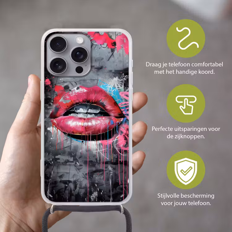 Lippen - Felroze - Graffiti - Verfstrepen Hoesje iPhone 16 Pro Max met koord klein -sfeer2_NL