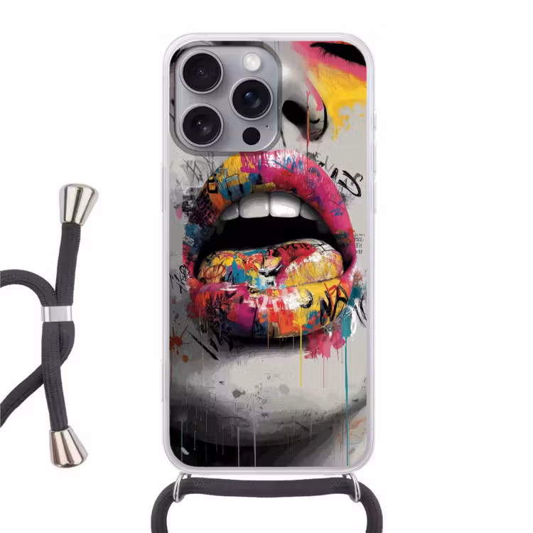 Lippen - Graffiti - Expressief Hoesje iPhone 16 Pro Max met koord klein -3d