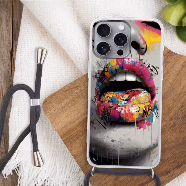 Lippen - Graffiti - Expressief Hoesje iPhone 16 Pro Max met koord klein -sfeer4