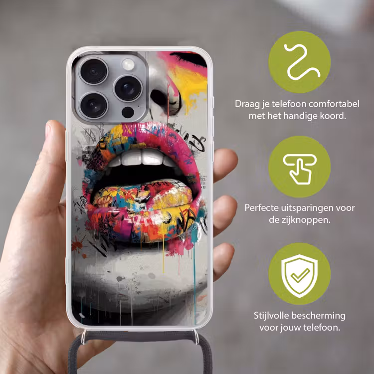 Lippen - Graffiti - Expressief Hoesje iPhone 16 Pro Max met koord klein -sfeer2_NL