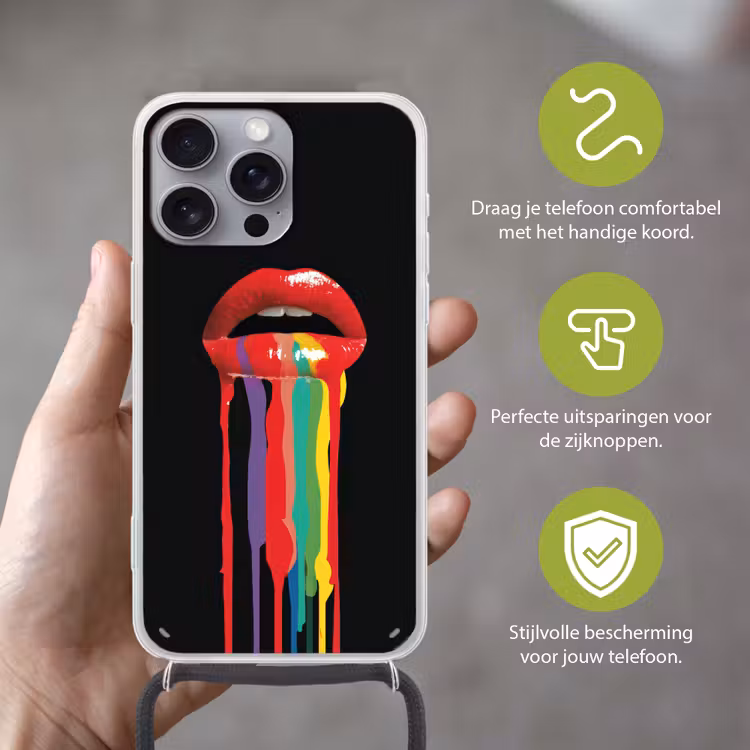 Lippen - Kleuren - Zwart Hoesje iPhone 16 Pro Max met koord klein -sfeer2_NL