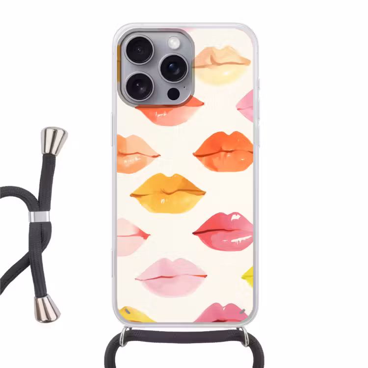 Lippen - Kleurrijk - Glanzend Hoesje iPhone 16 Pro Max met koord klein -3d
