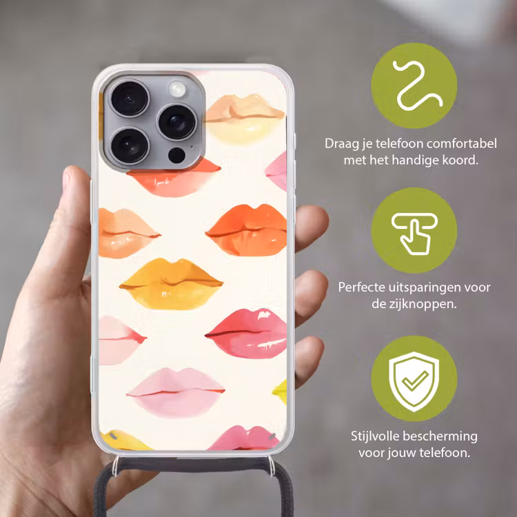 Lippen - Kleurrijk - Glanzend Hoesje iPhone 16 Pro Max met koord klein -sfeer2_NL