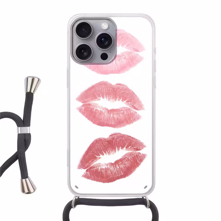 Lippen - Kusafdruk - Roze - Modern - Abstract Hoesje iPhone 16 Pro Max met koord klein -3d