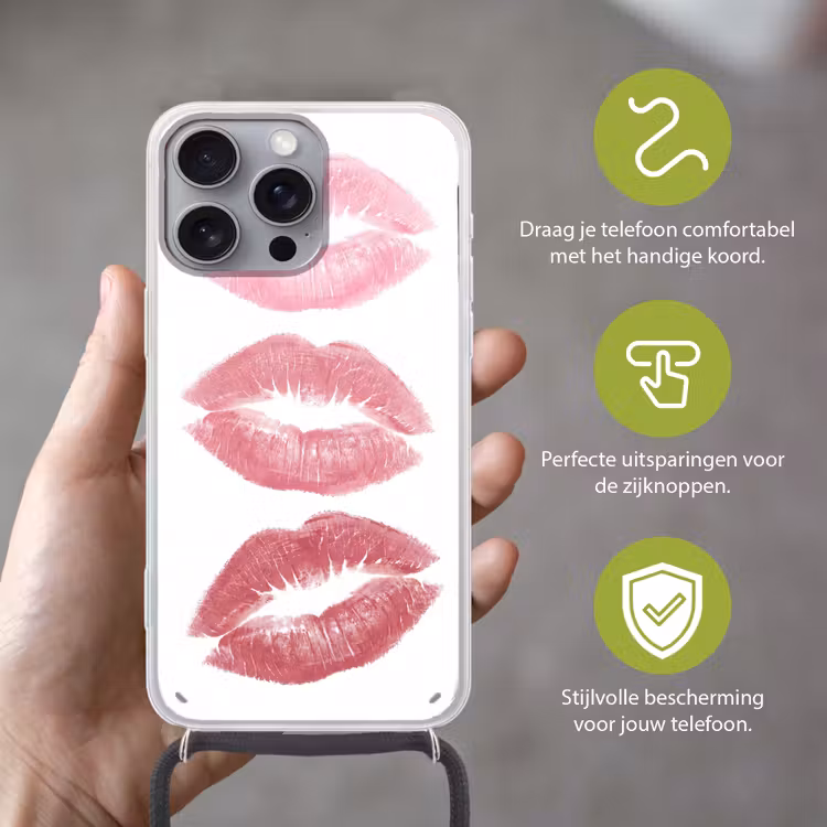 Lippen - Kusafdruk - Roze - Modern - Abstract Hoesje iPhone 16 Pro Max met koord klein -sfeer2_NL