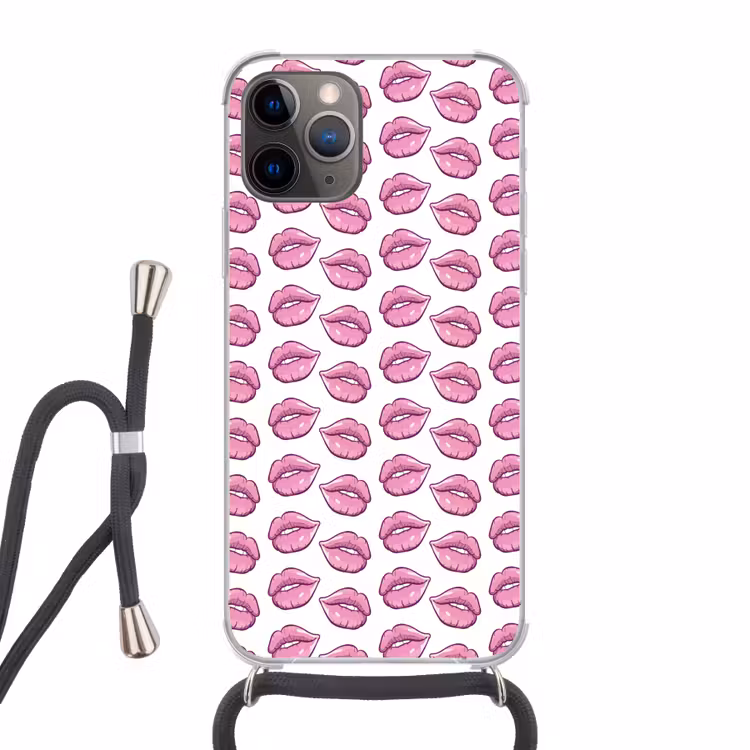 Lippen - Patroon - Roze - Wit Hoesje iPhone 12 Pro met koord klein -3d