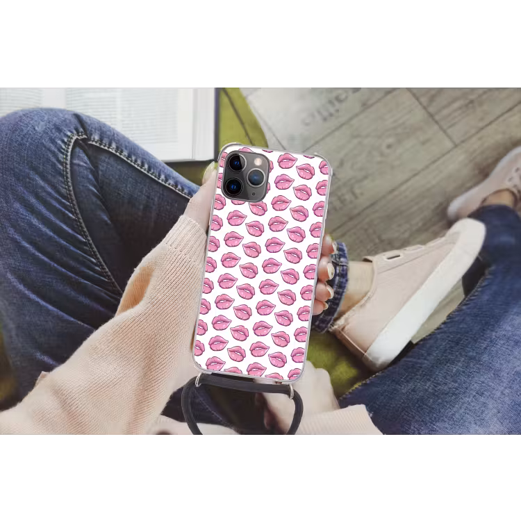 Lippen - Patroon - Roze - Wit Hoesje iPhone 12 Pro met koord klein -hand