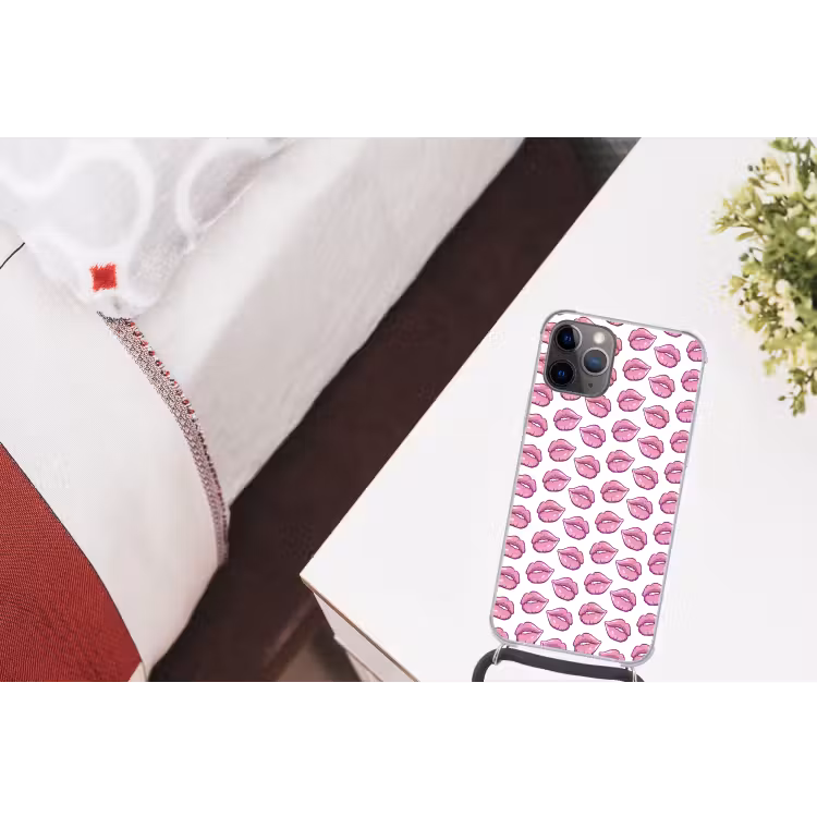 Lippen - Patroon - Roze - Wit Hoesje iPhone 12 Pro met koord klein -kamer