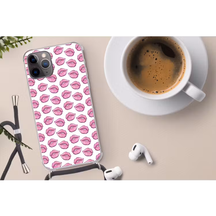 Lippen - Patroon - Roze - Wit Hoesje iPhone 12 Pro met koord klein -oordop