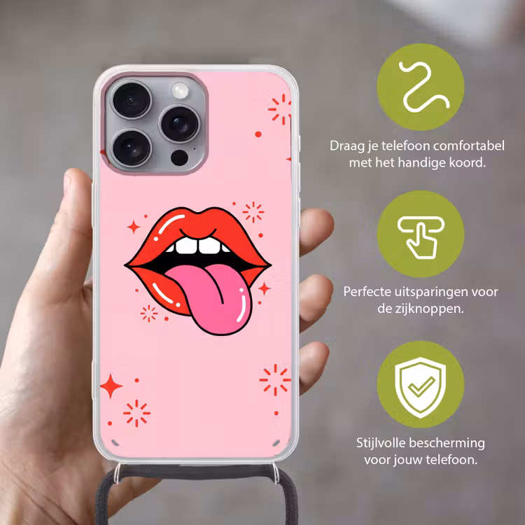 Lippen - Tong - Pop-art - Kleurrijk - Roze Hoesje iPhone 16 Pro Max met koord klein -sfeer2_NL