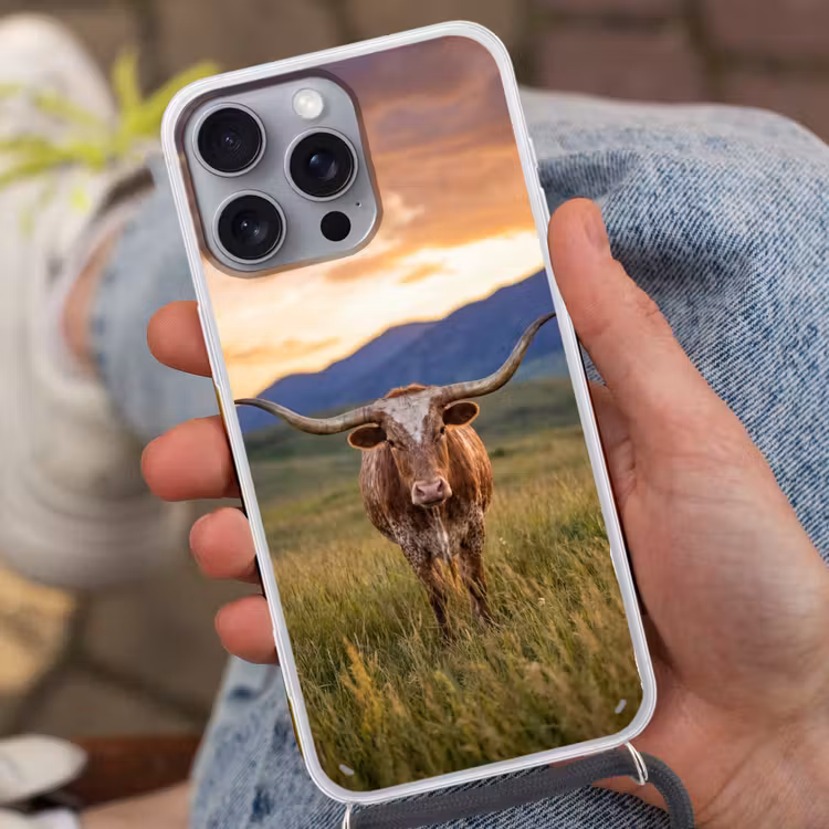 Longhorn - Landschap - Zonsondergang Hoesje iPhone 16 Pro Max met koord klein -sfeer3