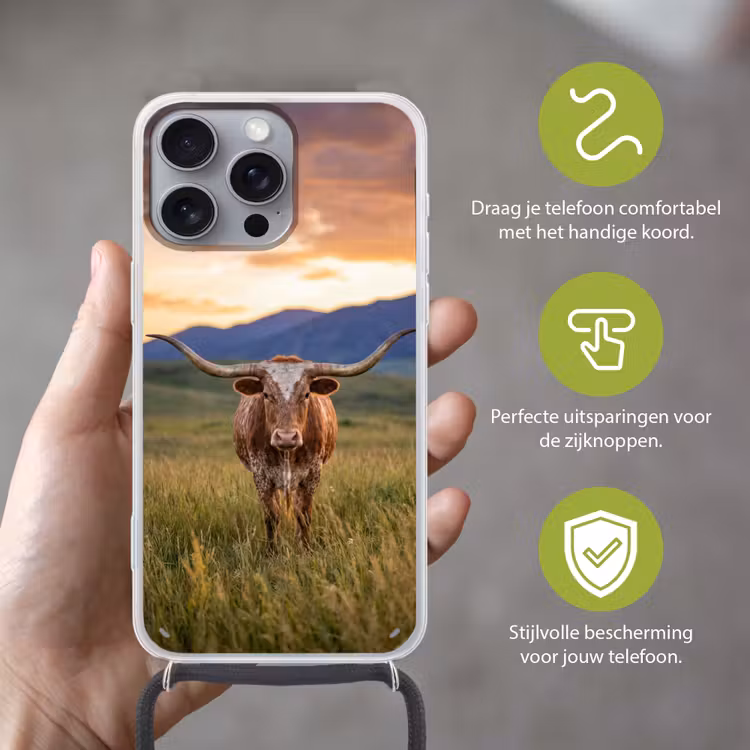 Longhorn - Landschap - Zonsondergang Hoesje iPhone 16 Pro Max met koord klein -sfeer2_NL
