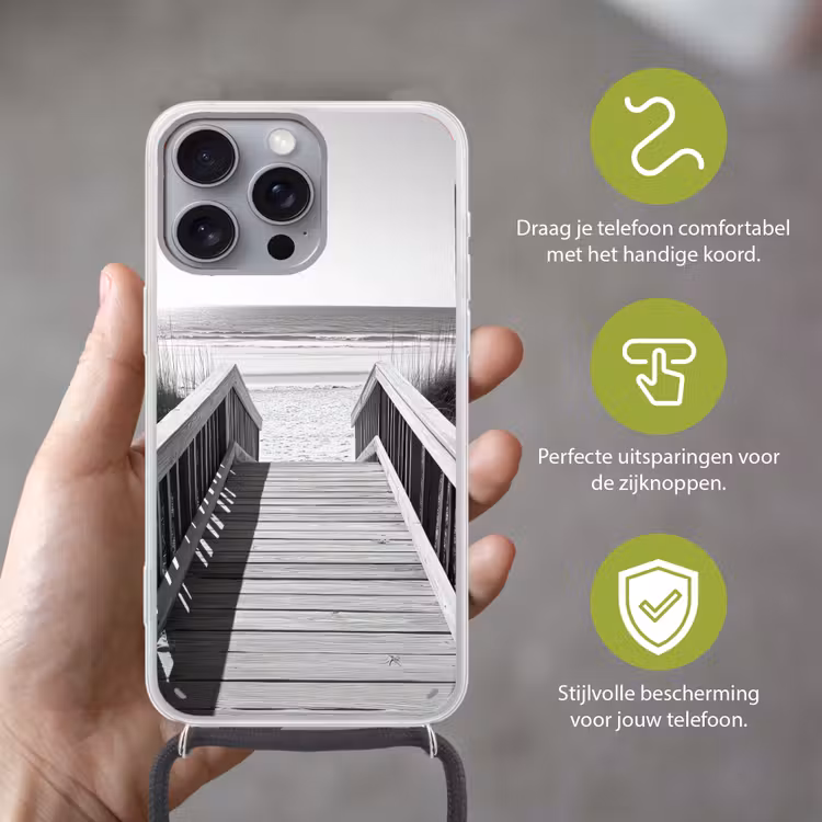 Loopbrug - Hout - Strand - Zee Hoesje iPhone 16 Pro Max met koord klein -sfeer2_NL