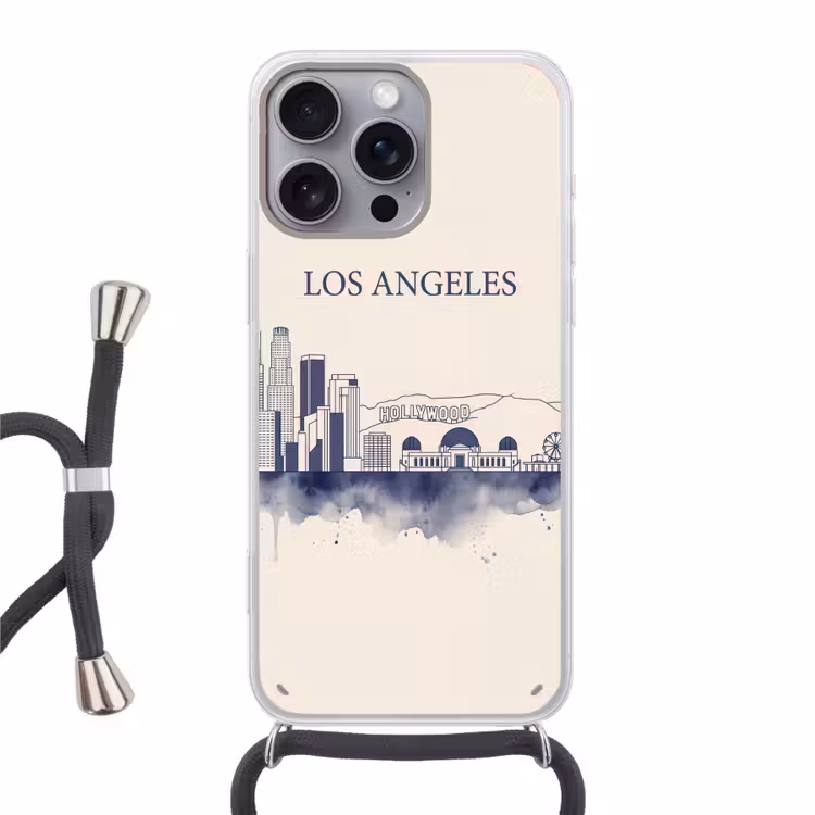 Los Angeles - Skyline - Architectuur - Aquarel - Blauw Hoesje iPhone 16 Pro Max met koord klein -3d