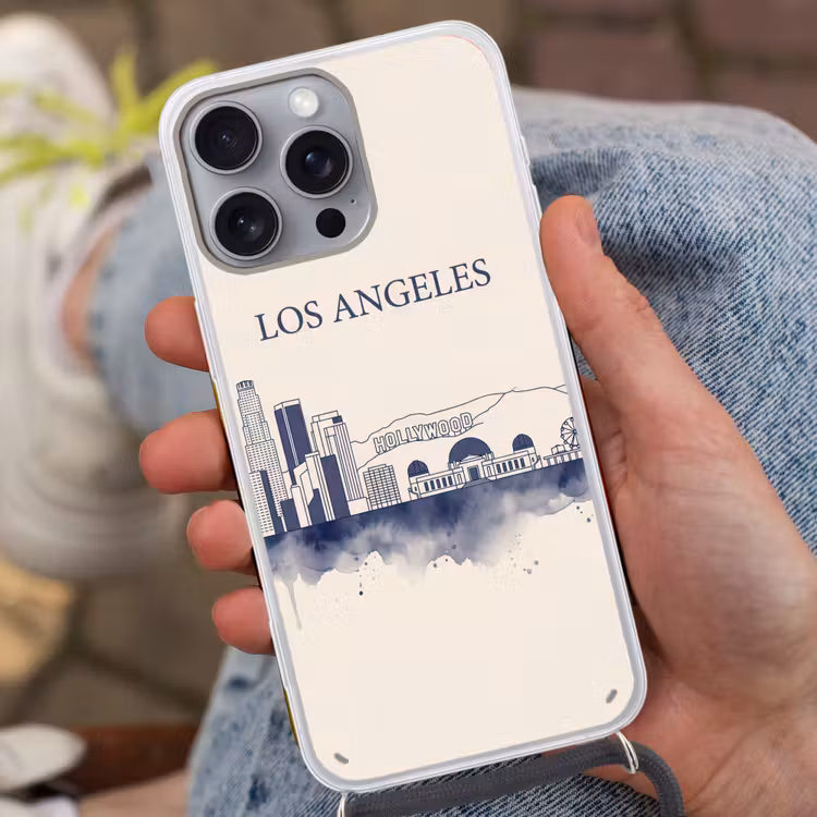 Los Angeles - Skyline - Architectuur - Aquarel - Blauw Hoesje iPhone 16 Pro Max met koord klein -sfeer3