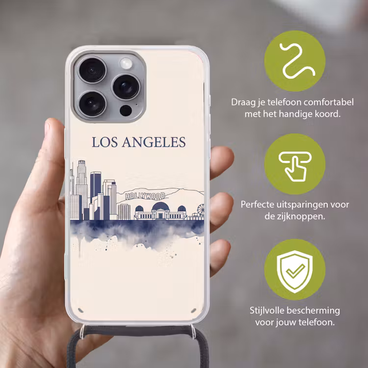 Los Angeles - Skyline - Architectuur - Aquarel - Blauw Hoesje iPhone 16 Pro Max met koord klein -sfeer2_NL