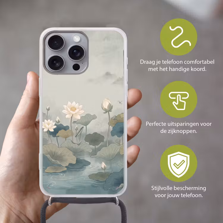 Lotus - Bloemen - Groen Hoesje iPhone 16 Pro Max met koord klein -sfeer2_NL