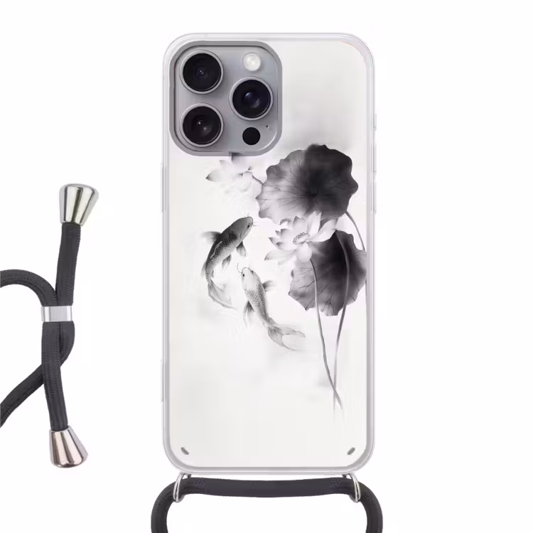 Lotusbloemen - Vissen - Bladeren - Zwart Hoesje iPhone 16 Pro Max met koord klein -3d