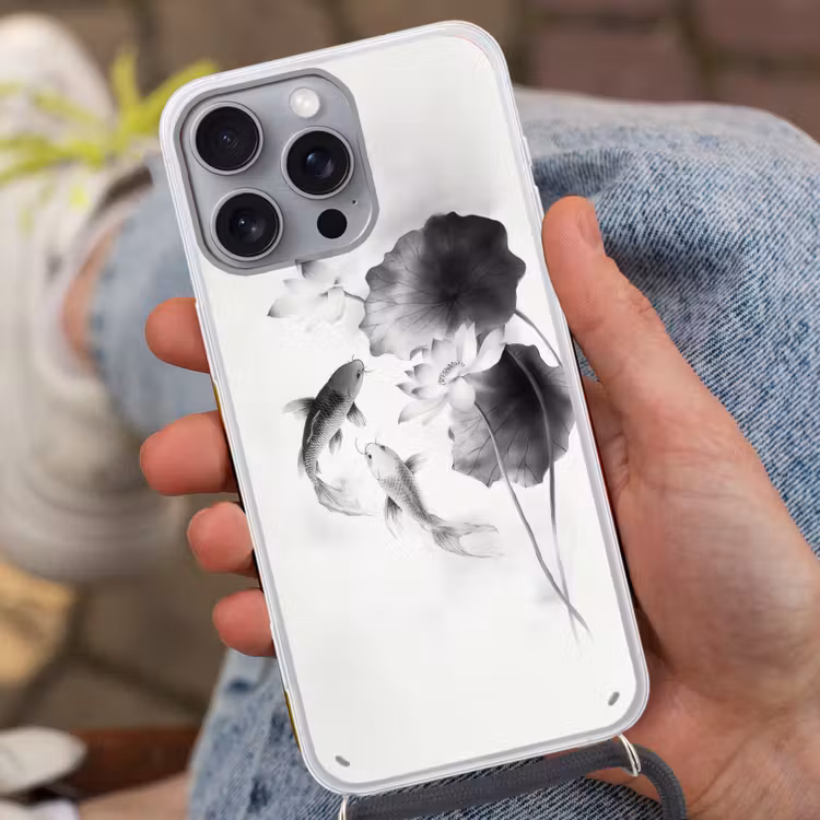 Lotusbloemen - Vissen - Bladeren - Zwart Hoesje iPhone 16 Pro Max met koord klein -sfeer3