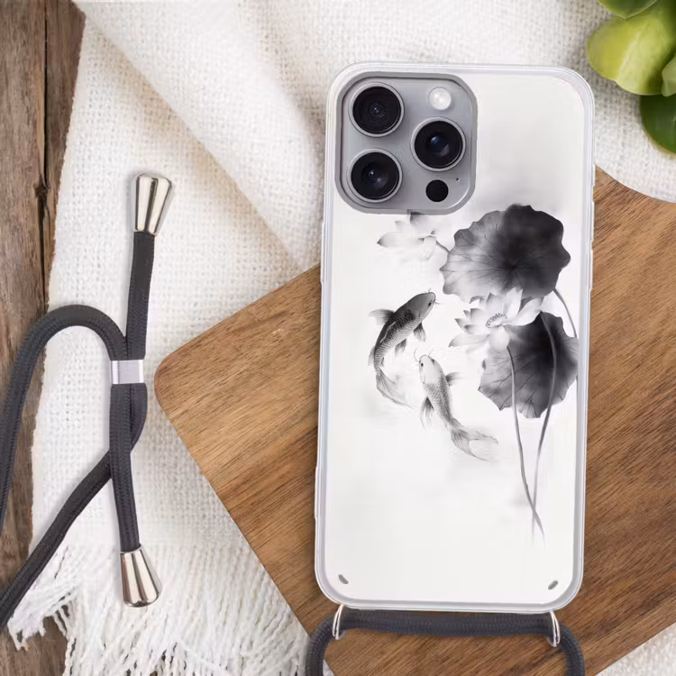 Lotusbloemen - Vissen - Bladeren - Zwart Hoesje iPhone 16 Pro Max met koord klein -sfeer4