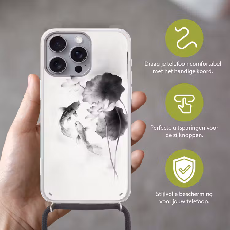 Lotusbloemen - Vissen - Bladeren - Zwart Hoesje iPhone 16 Pro Max met koord klein -sfeer2_NL