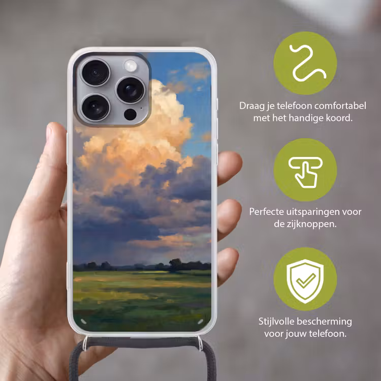 Lucht - Wolken - Landschap - Modern - Oranje Hoesje iPhone 16 Pro Max met koord klein -sfeer2_NL