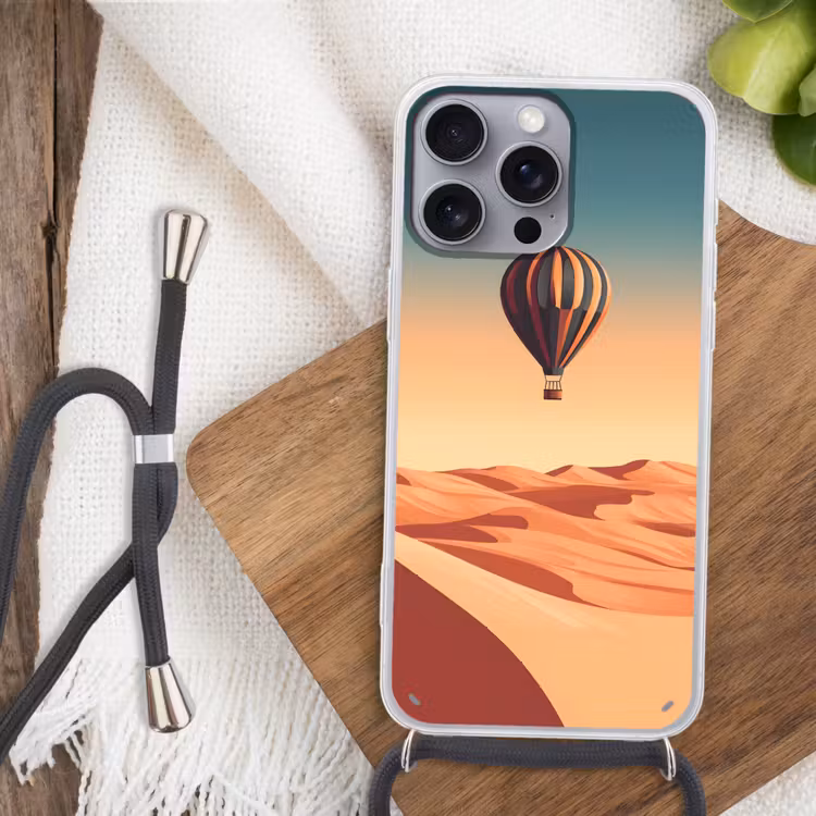 Luchtballon - Woestijn - Zonsondergang - Blauw Hoesje iPhone 16 Pro Max met koord klein -sfeer4