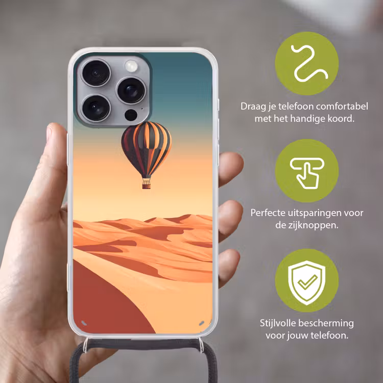 Luchtballon - Woestijn - Zonsondergang - Blauw Hoesje iPhone 16 Pro Max met koord klein -sfeer2_NL