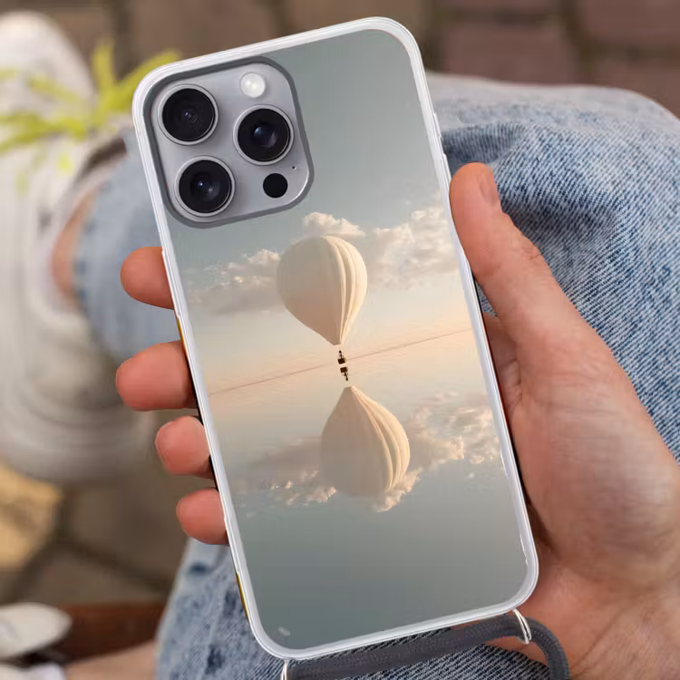 Luchtballon - Wolken - Water - Blauw Hoesje iPhone 16 Pro Max met koord klein -sfeer3