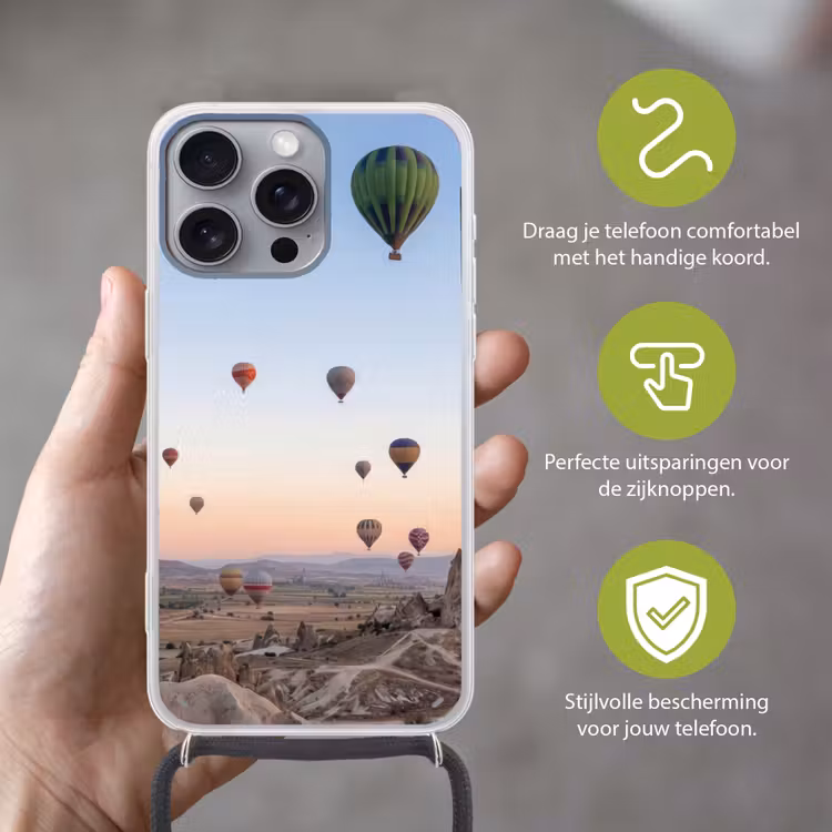 Luchtballonnen - Rotsen - Zonsopgang Hoesje iPhone 16 Pro Max met koord klein -sfeer2_NL