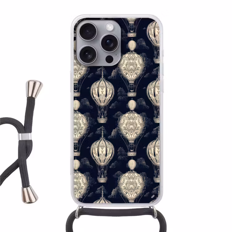 Luchtballonnen - Wolken - Patroon - Donkerblauw Hoesje iPhone 16 Pro Max met koord klein 804 -3d