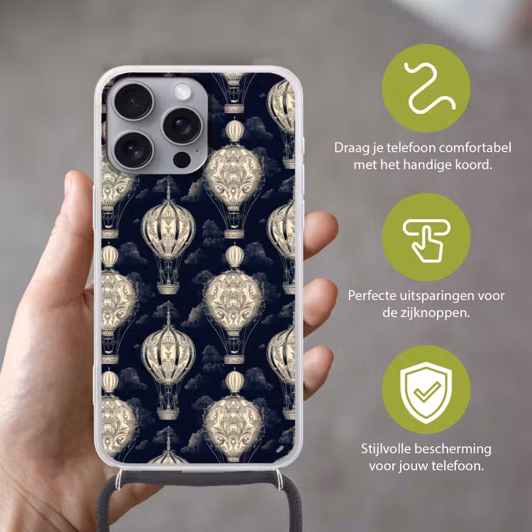 Luchtballonnen - Wolken - Patroon - Donkerblauw Hoesje iPhone 16 Pro Max met koord klein 804 -sfeer2_NL