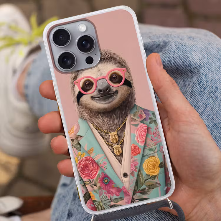 Luiaard - Bloemenprint - Bril - Roze Hoesje iPhone 16 Pro Max met koord klein -sfeer3
