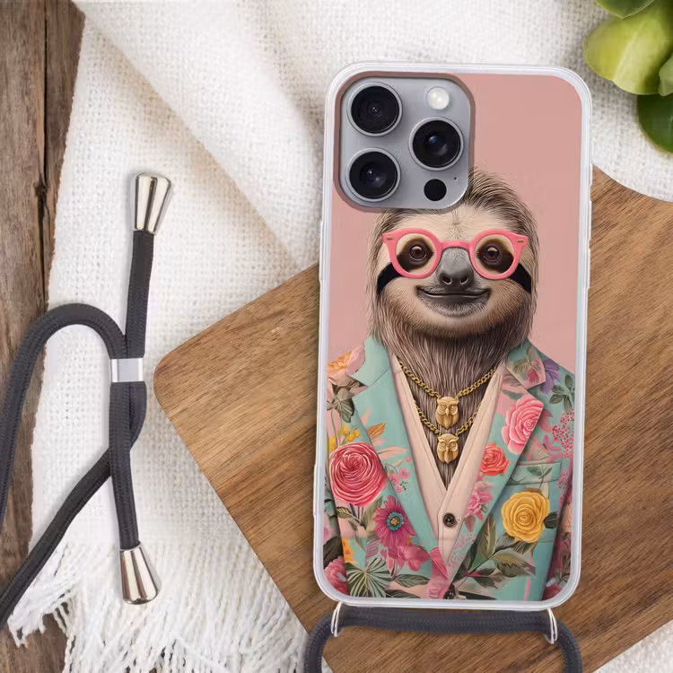 Luiaard - Bloemenprint - Bril - Roze Hoesje iPhone 16 Pro Max met koord klein -sfeer4