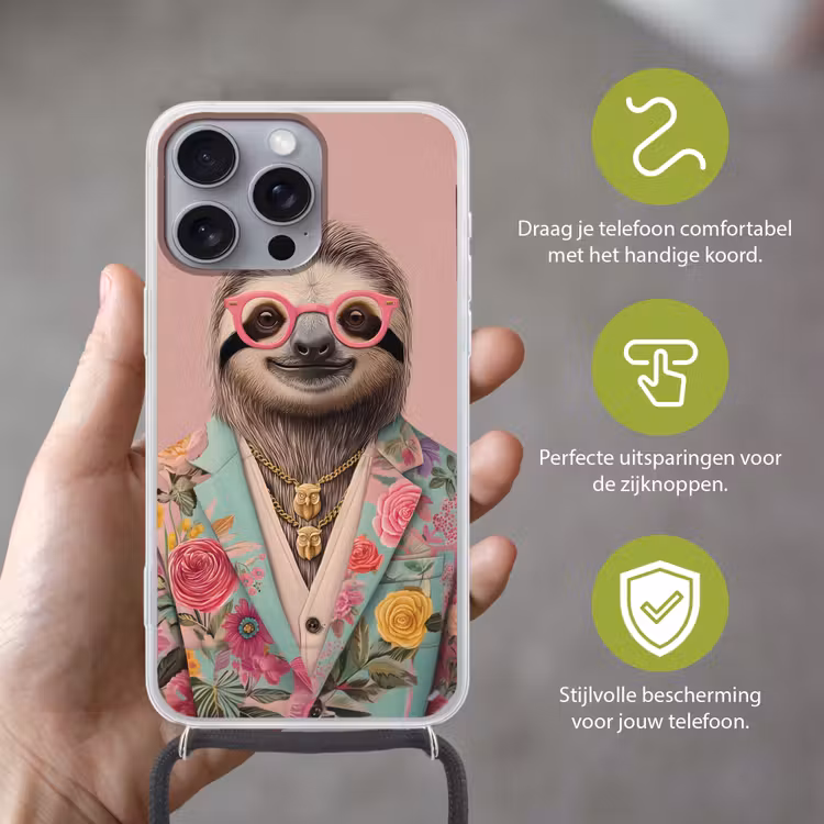 Luiaard - Bloemenprint - Bril - Roze Hoesje iPhone 16 Pro Max met koord klein -sfeer2_NL