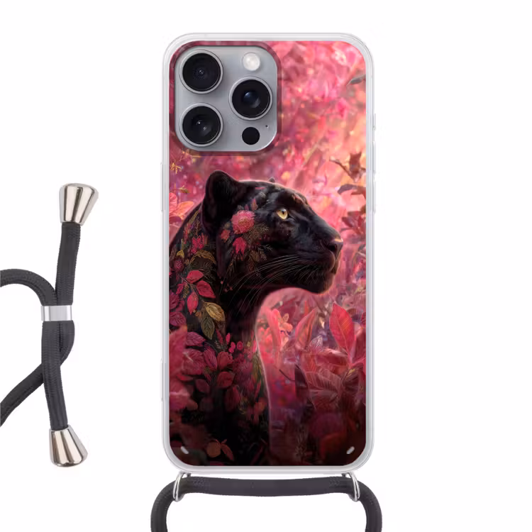 Luipaard - Bloemen - Roze Hoesje iPhone 16 Pro Max met koord klein -3d