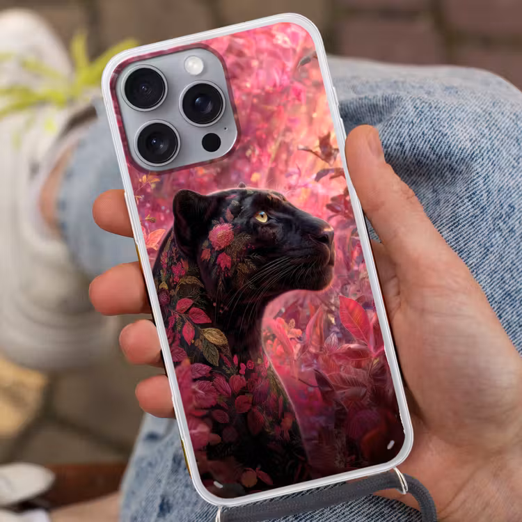 Luipaard - Bloemen - Roze Hoesje iPhone 16 Pro Max met koord klein -sfeer3