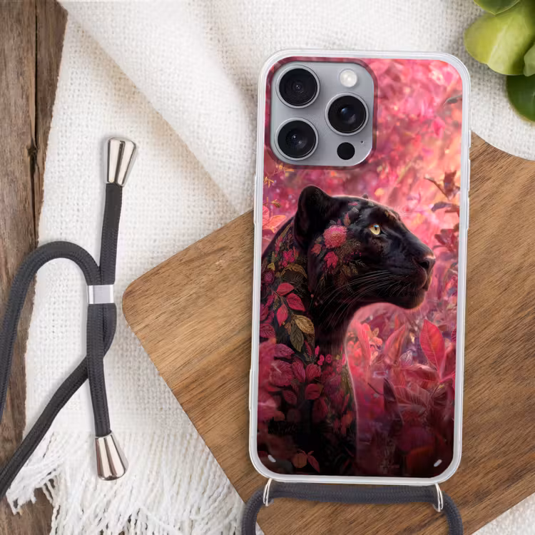 Luipaard - Bloemen - Roze Hoesje iPhone 16 Pro Max met koord klein -sfeer4