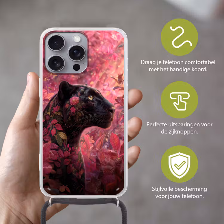 Luipaard - Bloemen - Roze Hoesje iPhone 16 Pro Max met koord klein -sfeer2_NL