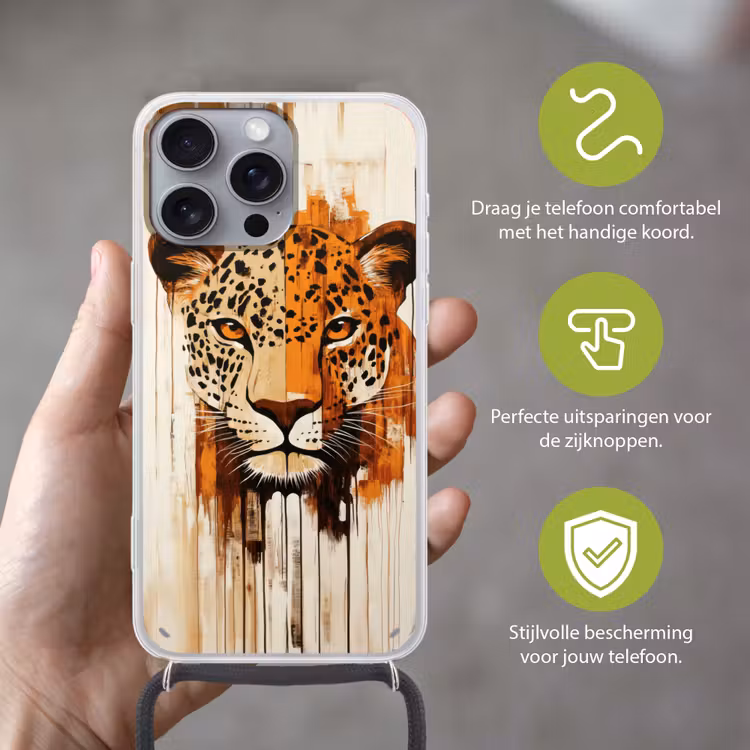Luipaard - Symmetrisch - Strepen Hoesje iPhone 16 Pro Max met koord klein -sfeer2_NL