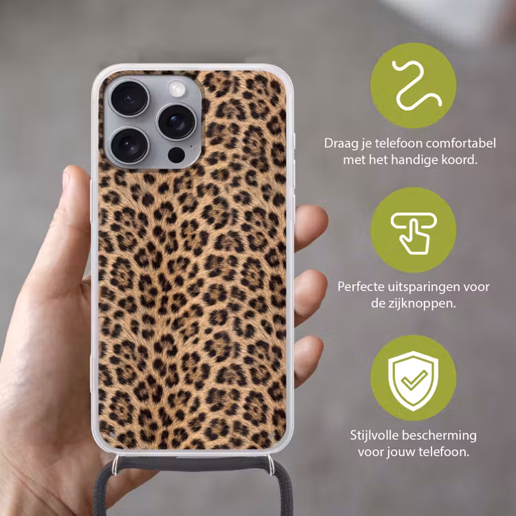 Luipaard - Vacht - Klassiek - Bruin Hoesje iPhone 16 Pro Max met koord klein -sfeer2_NL