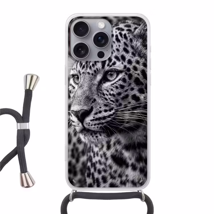 Luipaard - Zwart - Wit - Oog Hoesje iPhone 16 Pro Max met koord klein -3d