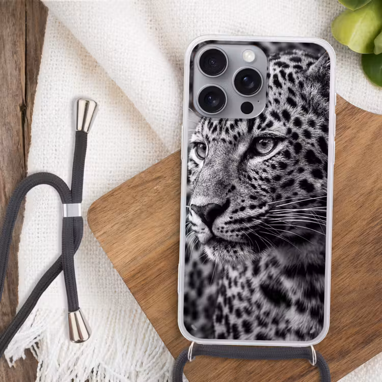 Luipaard - Zwart - Wit - Oog Hoesje iPhone 16 Pro Max met koord klein -sfeer4