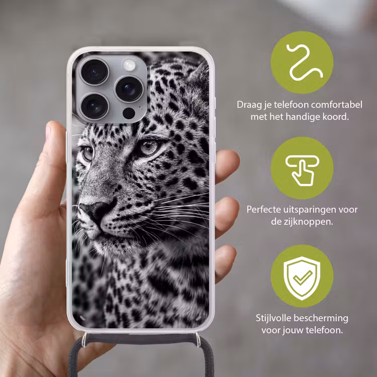 Luipaard - Zwart - Wit - Oog Hoesje iPhone 16 Pro Max met koord klein -sfeer2_NL