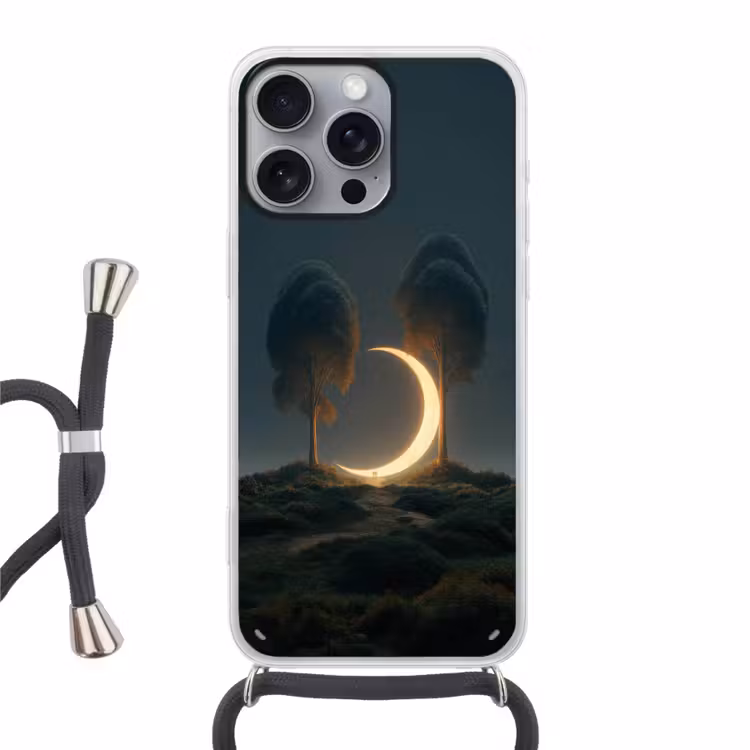 Maan - Bomen - Wandeling Hoesje iPhone 16 Pro Max met koord klein -3d