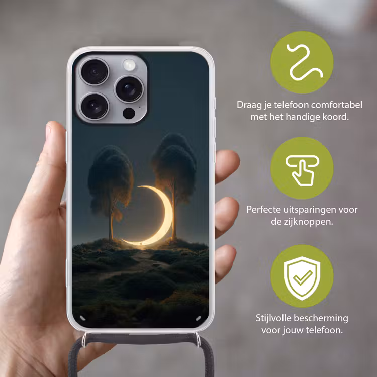 Maan - Bomen - Wandeling Hoesje iPhone 16 Pro Max met koord klein -sfeer2_NL