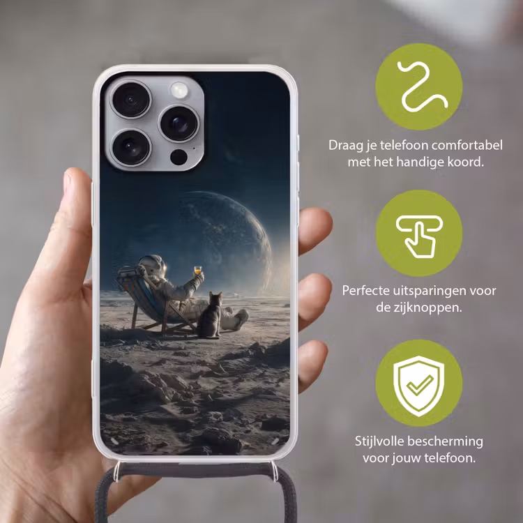 Maan - Kat - Astronaut - Ruimte Hoesje iPhone 16 Pro Max met koord klein -sfeer2_NL