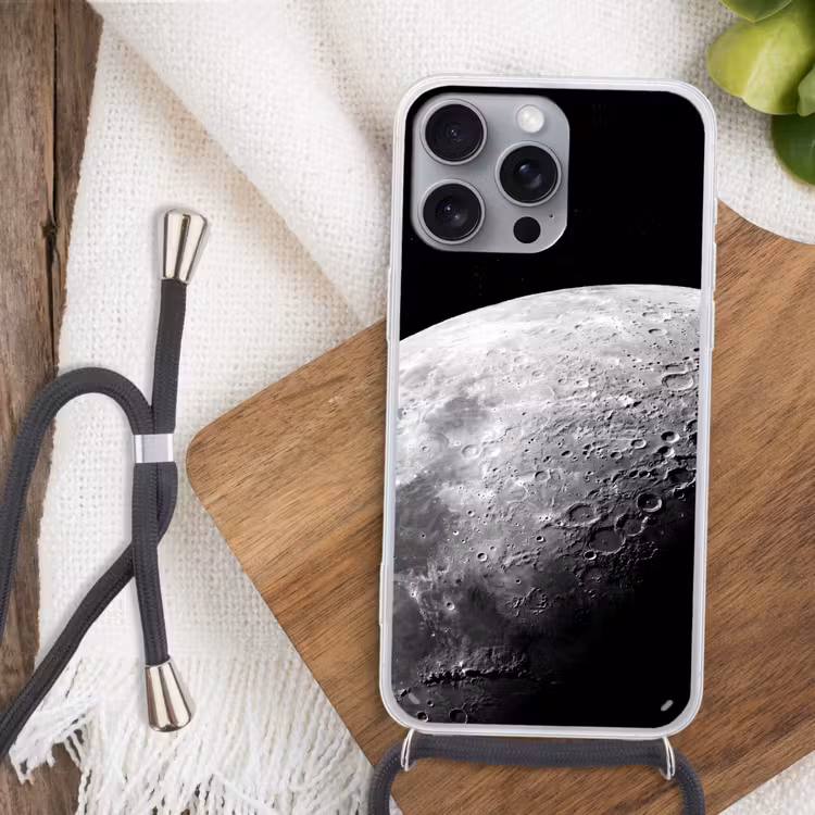 Telefoonhoesje met koord - Maan - Kraters - Ruimte - Maan - Kraters - Ruimte Hoesje iPhone 16 Pro Max met koord klein
