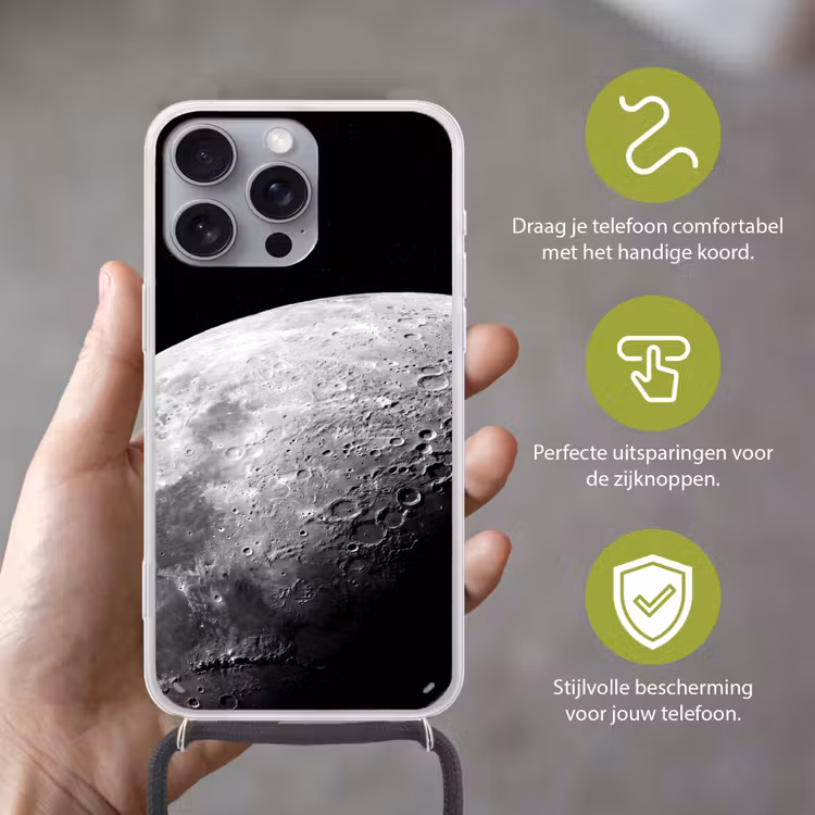 Telefoonhoesje met koord - Maan - Kraters - Ruimte - Maan - Kraters - Ruimte Hoesje iPhone 16 Pro Max met koord klein