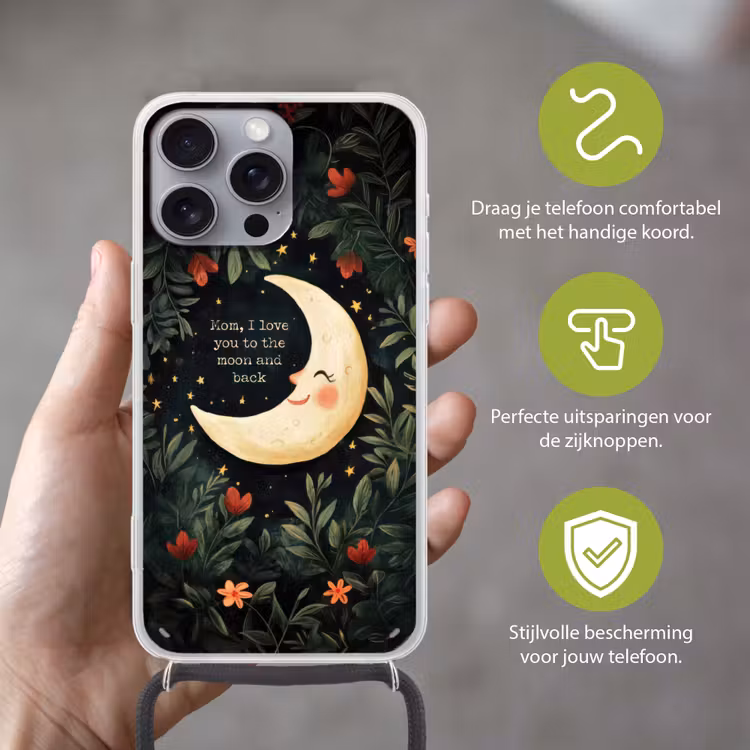 Maan - Quote - Bloemen - Sterren Hoesje iPhone 16 Pro Max met koord klein -sfeer2_NL